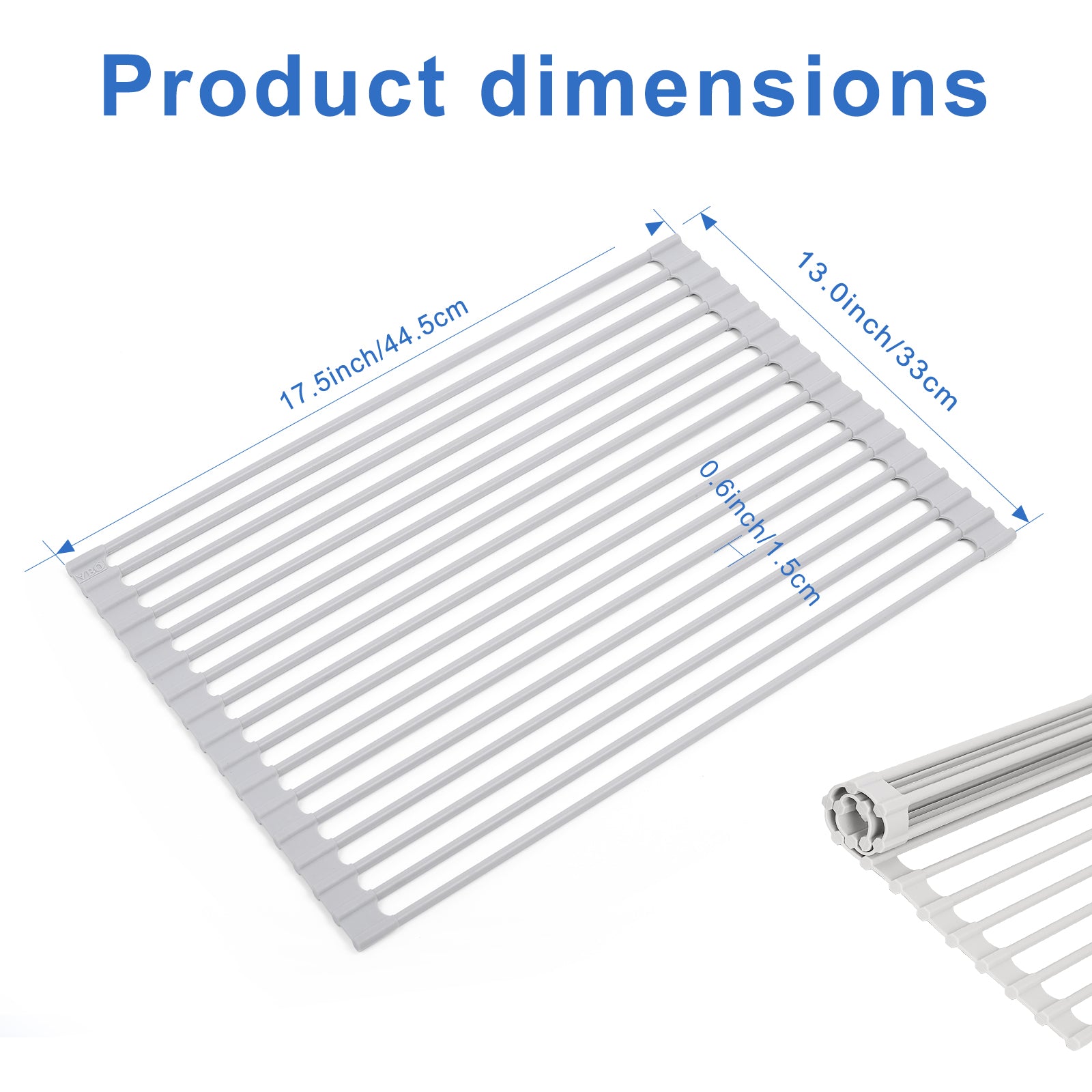 Roll Up Over Sink Dish Drying Rack (17.5''x13'') - Foldable Silicone Wrapped Stainless Steel Drainer, Grey