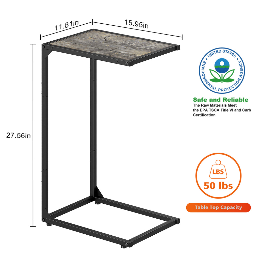 C-Shaped End Table, Snack Side Table Slide Under Sofa for Couch & Bed, Space Saving Sofa Table, Modern Gray,