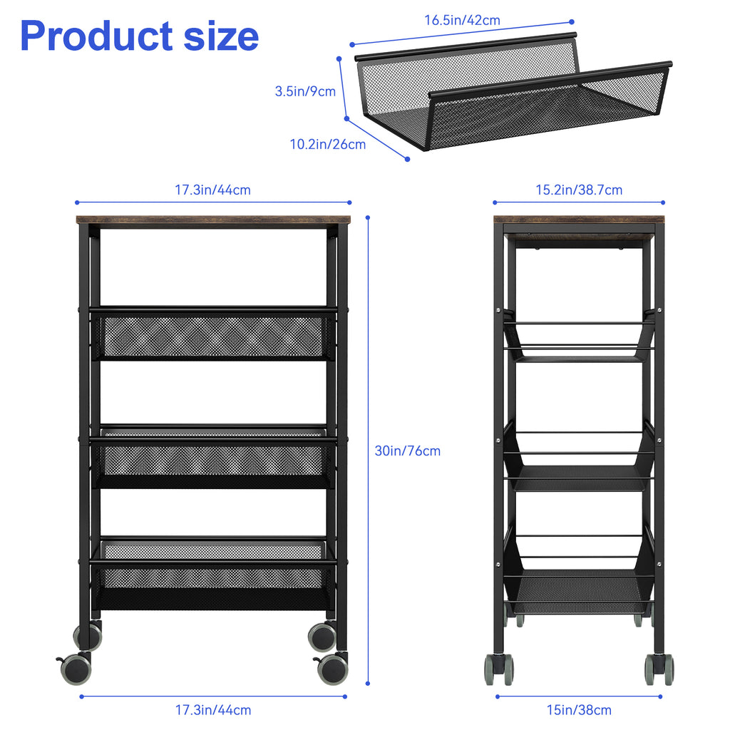 4-Tier Mesh Wire Rolling Utility Cart - Rustic Wood-Top Serving Trolley with Lockable Wheels for Kitchen