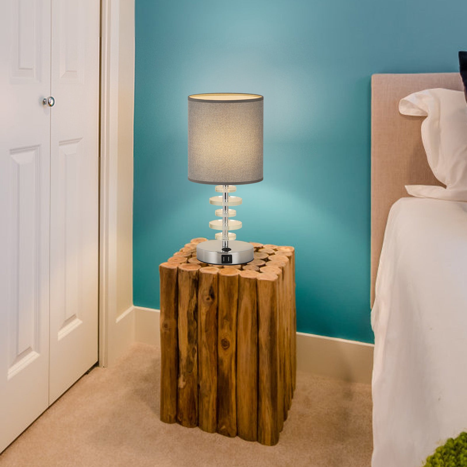 Pair of Crystal Nightstand Lamps with Dual USB Charging Ports and Grey Linen Shades for Bedroom or Office Study
