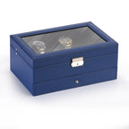 12-Slot PU Leather Watch Box with Jewelry Drawer, Blue Organizer for Storage & Display