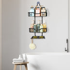 With 4 hooks, shower organizer rack, bathroom hanging shower box, rust resistant and waterproof shower storage rack for shampoo, conditioner, soap, bath sponge, black