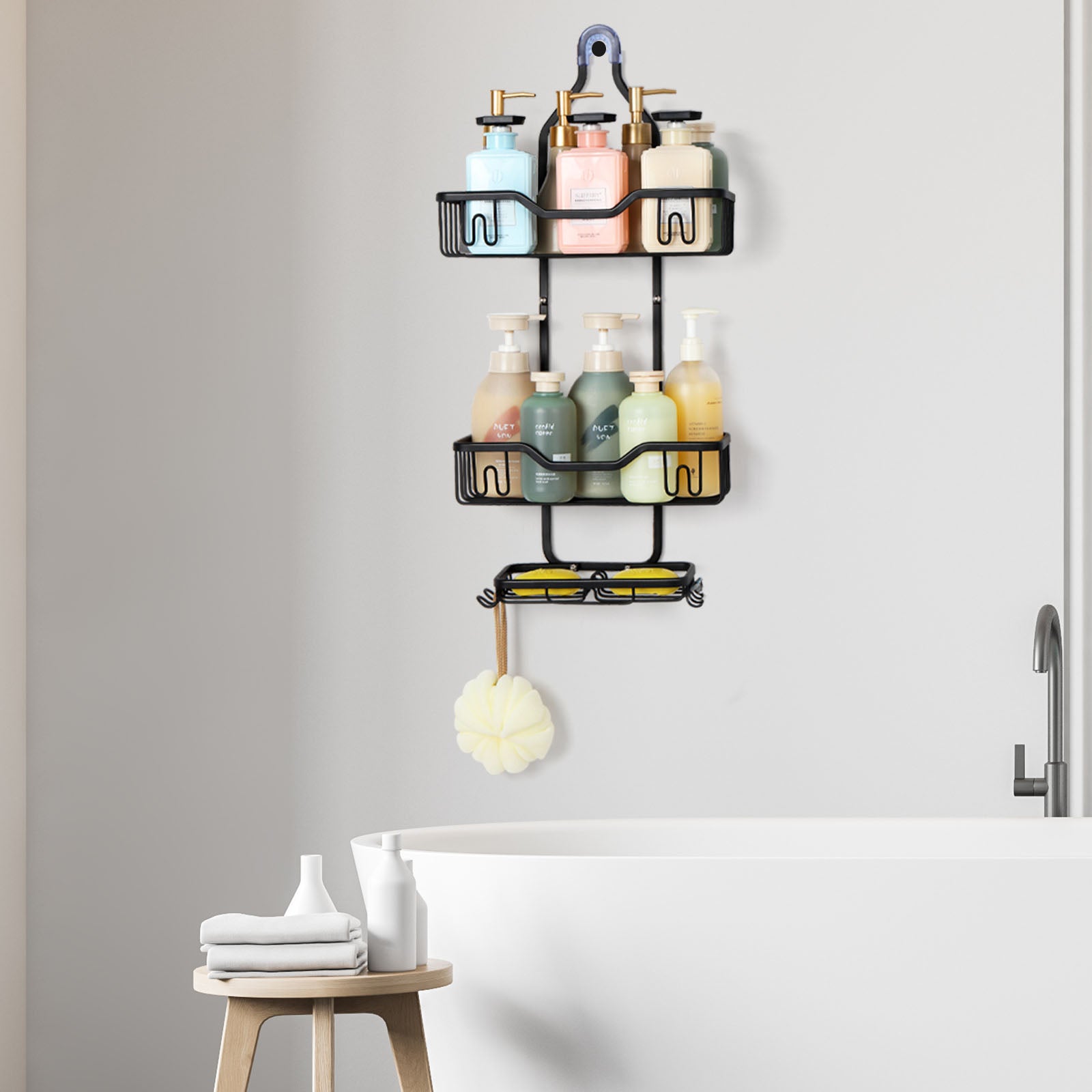 With 4 hooks, shower organizer rack, bathroom hanging shower box, rust resistant and waterproof shower storage rack for shampoo, conditioner, soap, bath sponge, black