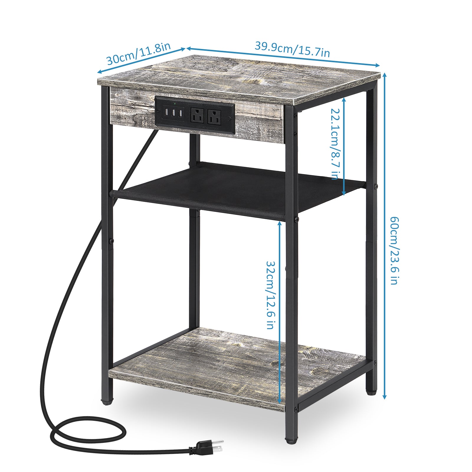 Set of 2 Nightstands with Charging Station, 3-Tier Narrow End Table with USB & Outlets for Bedroom, Gray,