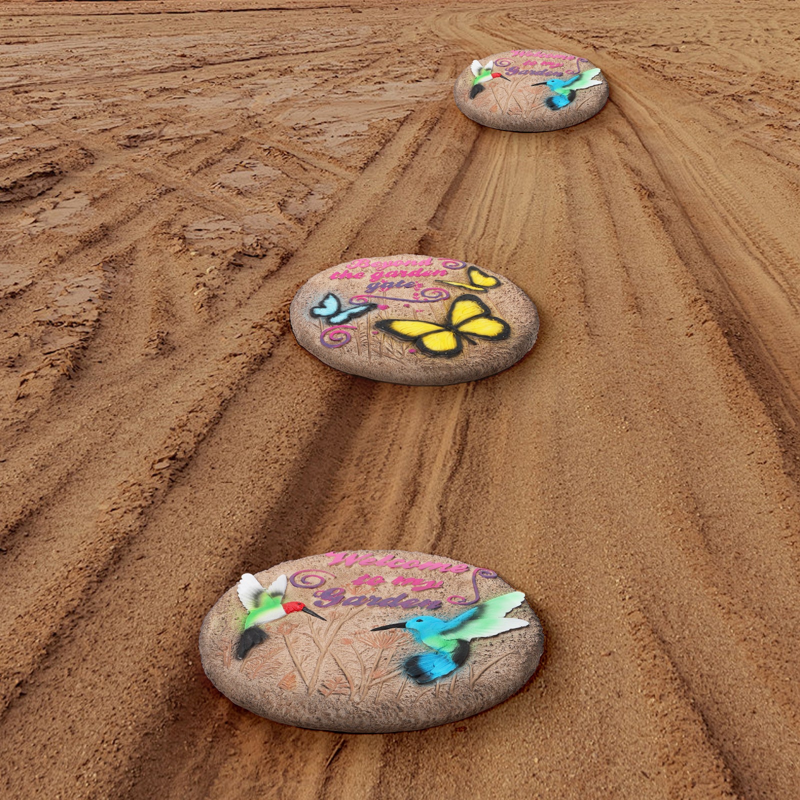 2-Pack 3D Hummingbird and Butterfly Stepping Stones, 10-Inch Decorative Concrete Garden Stones for Outdoor Yard & Path