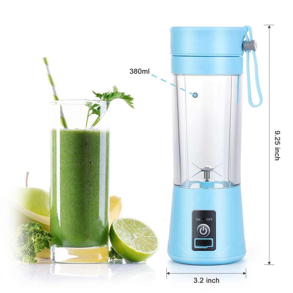 Portable Juicer, Small Juicer Charged Via USB, Blue Juicer, Used for Making Smoothies and Shakes, Juice Capacity 380 Milliliters, Six Blades, Electric USB Juicing Mixer