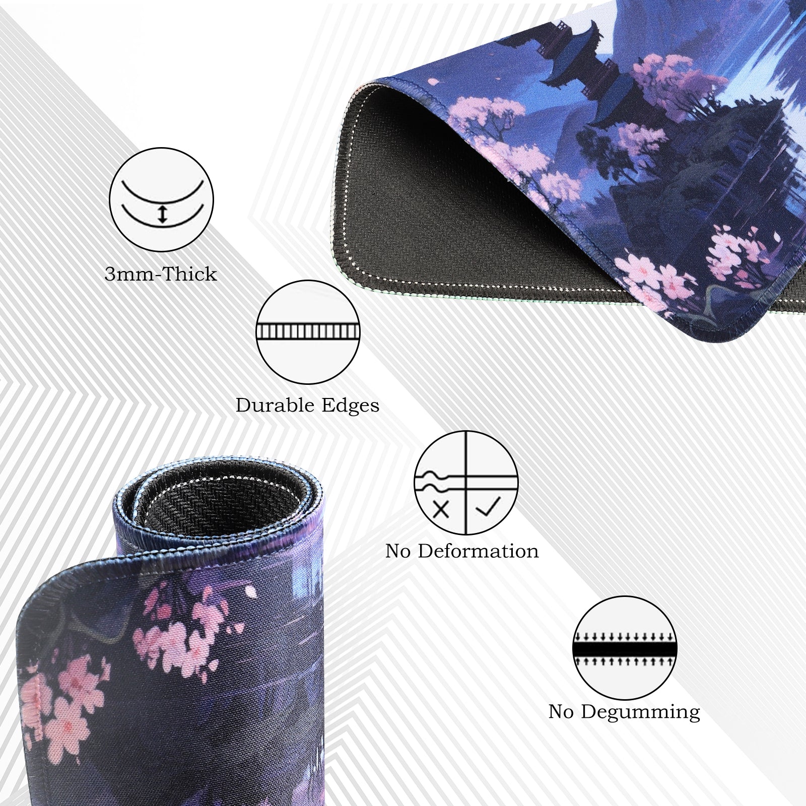 3-Piece Japanese Pagoda Desk Mat Set, Moonlight & Cherry Blossoms Extended Mouse Pad with Coaster