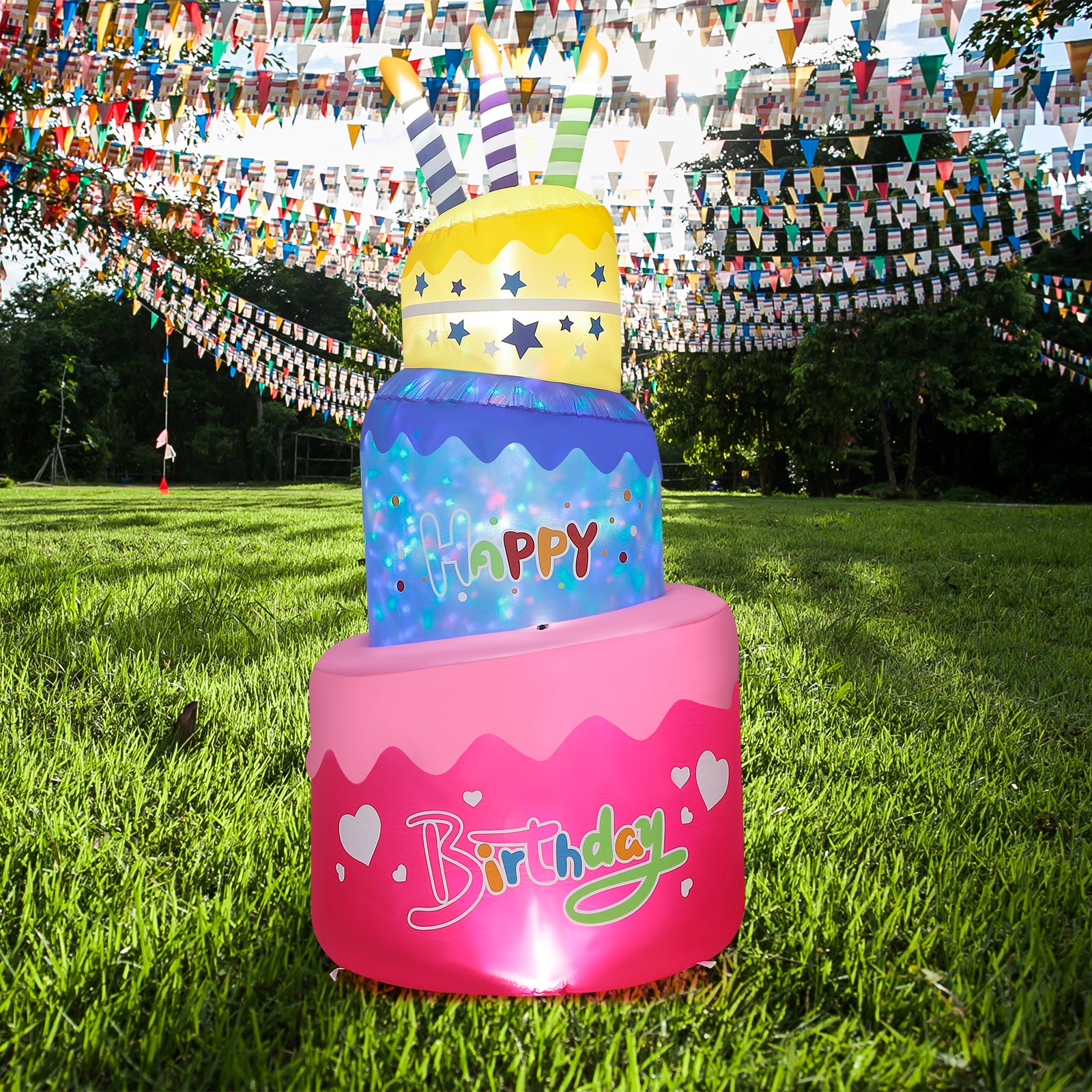 Happy Birthday Inflatable Cake with Candles, Rotating Colorful LED Light-Up Celebration Decor for Yard