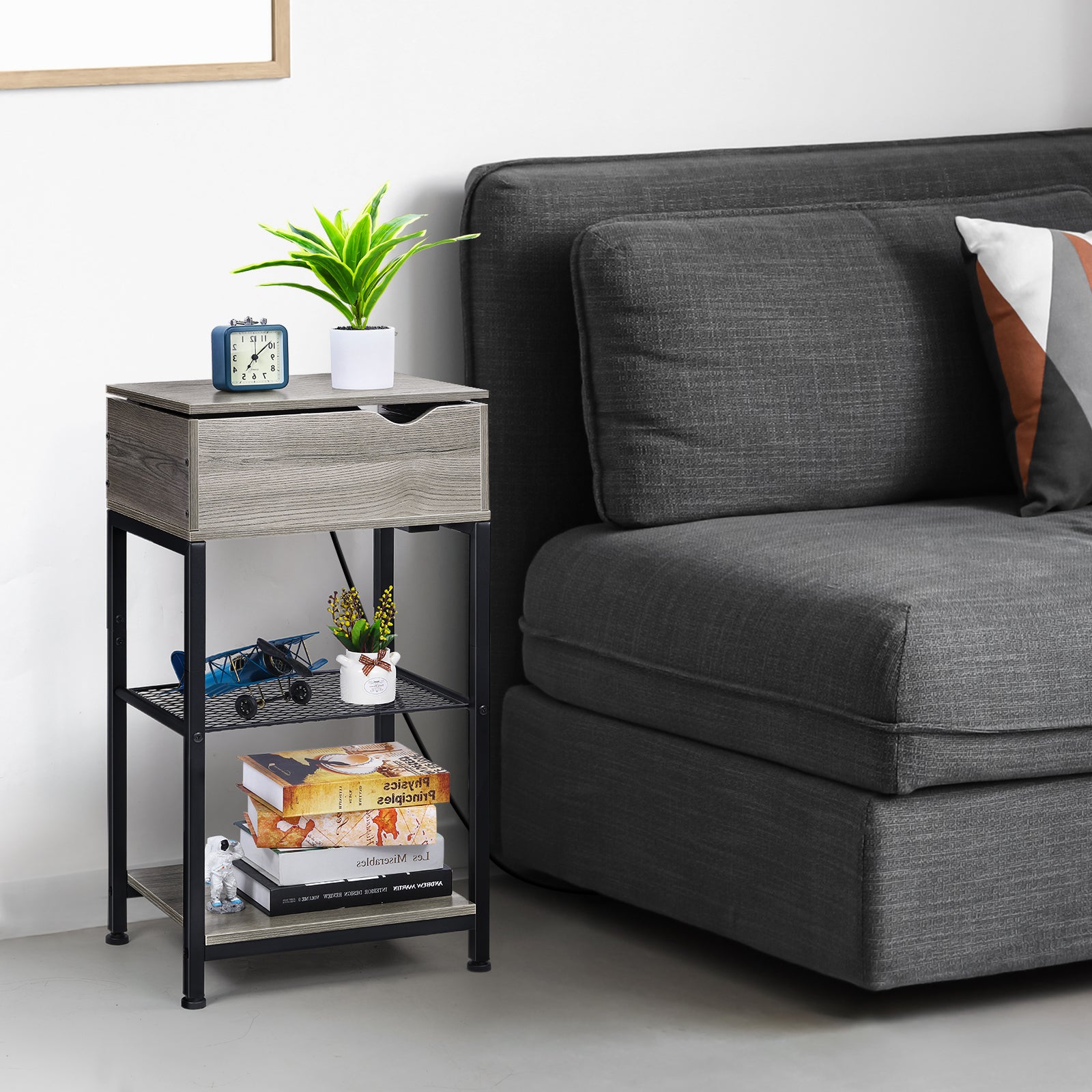 Slim Nightstand with Power Hub, Silver Sliding Top Side Table with USB Ports and Outlets for Compact Living Areas, Bedroom, or Office Storage