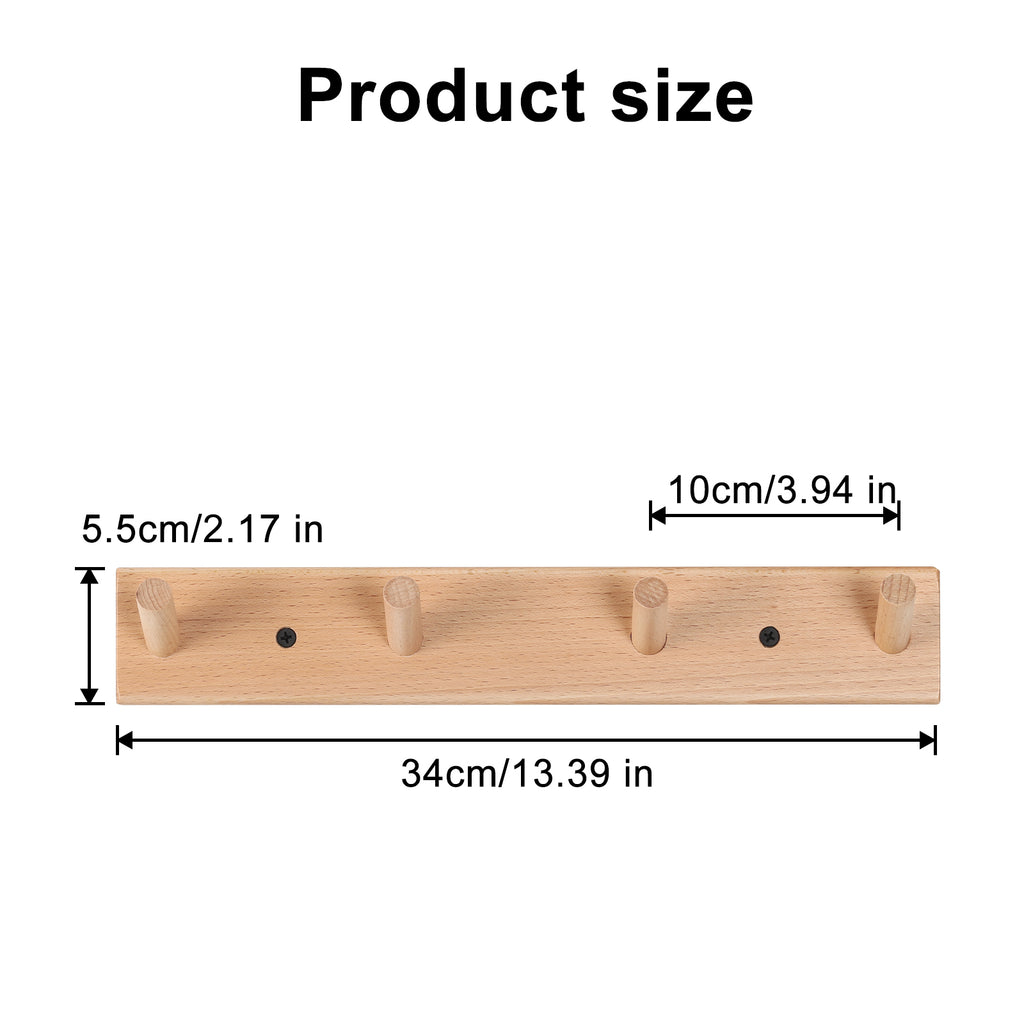 Rustic Solid Beech Wood Peg Coat Hooks 2 Pack, Wall Mount 4-Peg Hanging Rack with Adhesive Glue & Hardware Screws, Minimalist Farmhouse Wall Hanger for Coats, Backpacks, Umbrellas, Towels, Entryway Decor