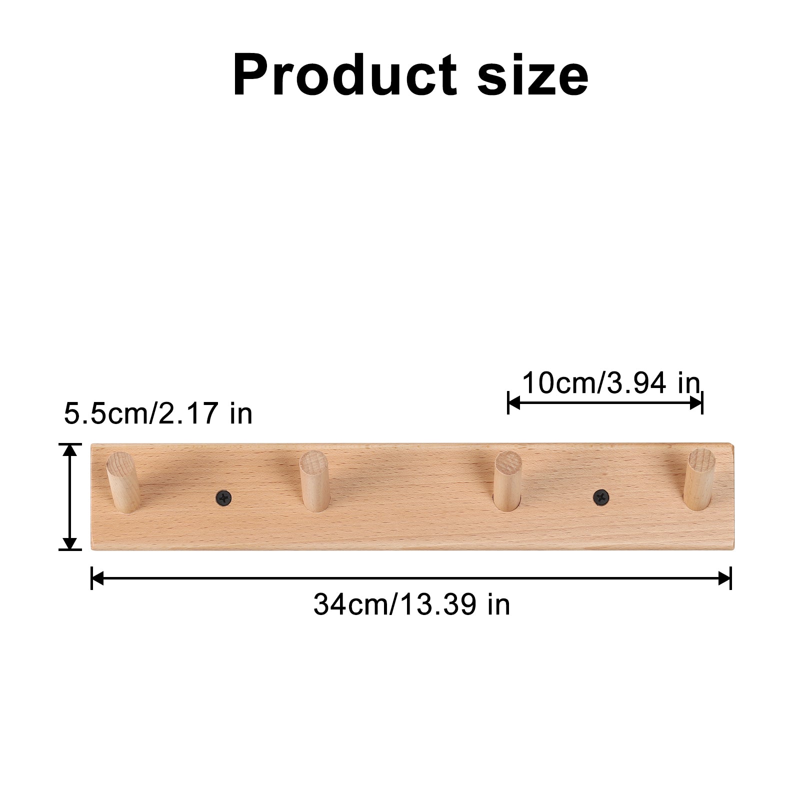 Rustic Solid Beech Wood Peg Coat Hooks 2 Pack, Wall Mount 4-Peg Hanging Rack with Adhesive Glue & Hardware Screws, Minimalist Farmhouse Wall Hanger for Coats, Backpacks, Umbrellas, Towels, Entryway Decor