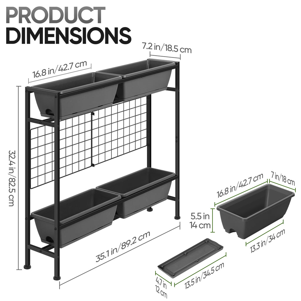 2-Tier Elevated Garden Planter with Trellis - Raised Flower Box with Climbing Plant Support, Gray,