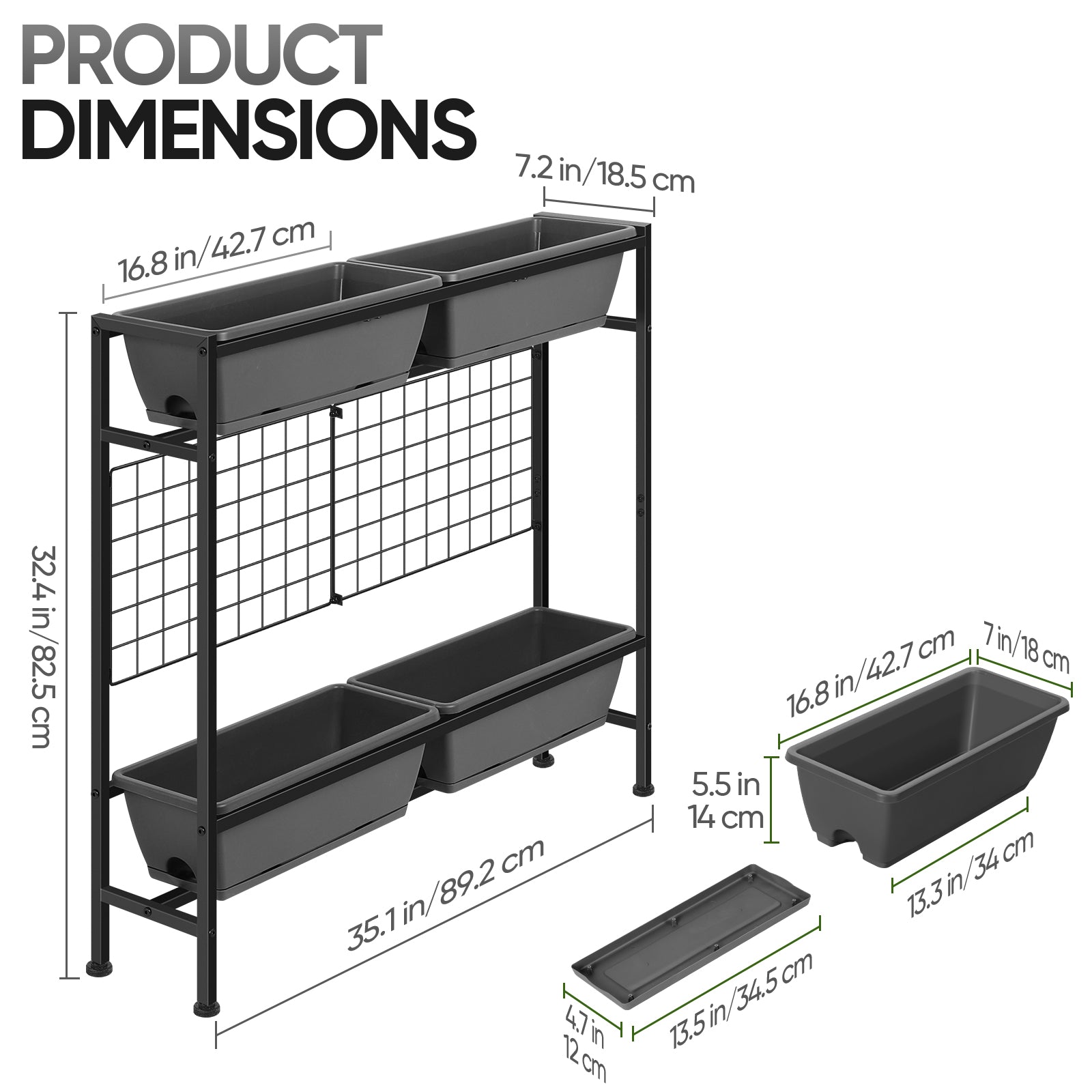 2-Tier Elevated Garden Planter with Trellis - Raised Flower Box with Climbing Plant Support, Gray,