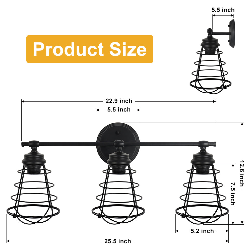 3 Lights Bathroom Vanity Lights, Industrial Black Wall Lights with Metal Lampshade, Farmhouse Vanity Lights for Bathroom, Kitchen, Living Room