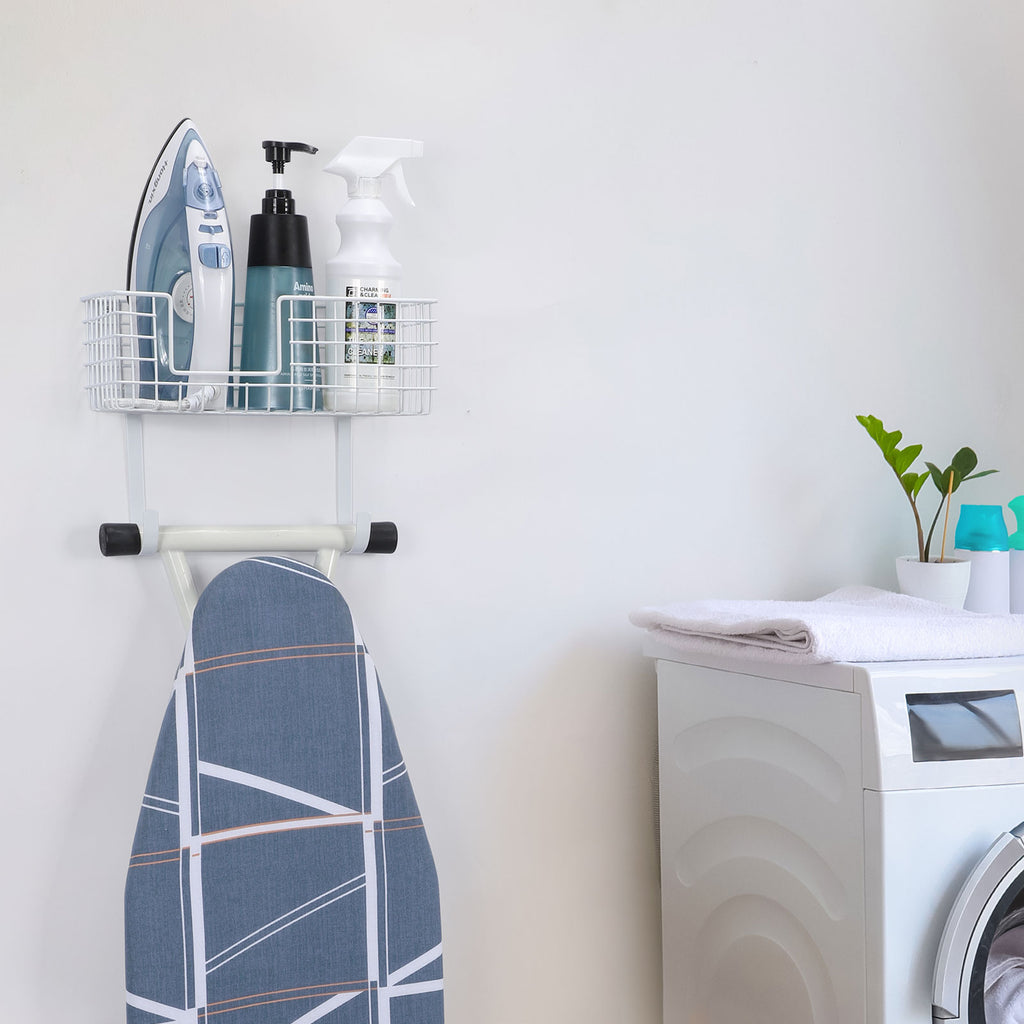 Wall Mount Iron & Ironing Board Holder, White Metal Laundry Organizer with Storage Basket and Removable Hooks