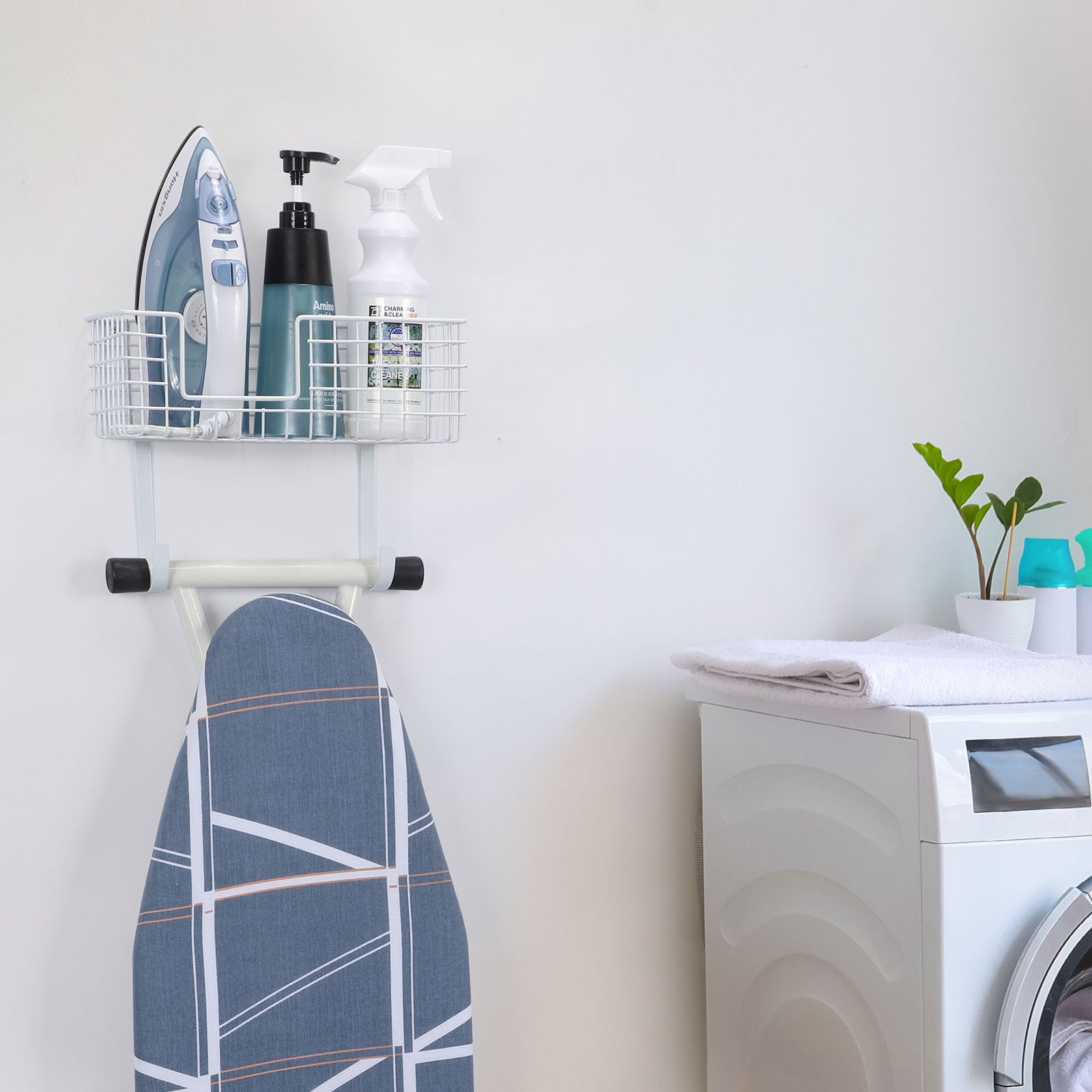 Wall Mount Iron & Ironing Board Holder, White Metal Laundry Organizer with Storage Basket and Removable Hooks