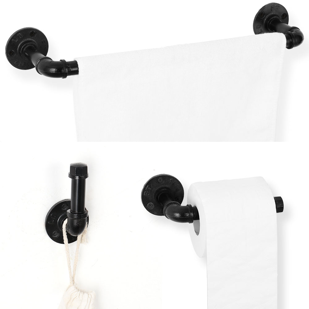 4-Piece Industrial Pipe Bathroom Hardware Set, Wall Mounted Towel Bar and Toilet Paper Holder, Rustic Black Metal Accessories for Farmhouse,