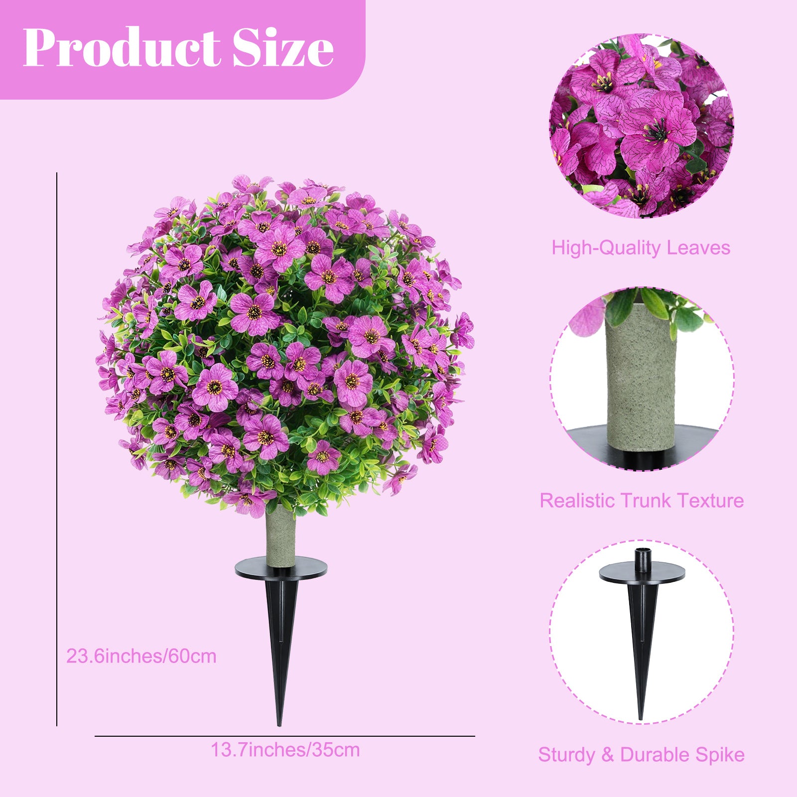 2 Pack Artificial Purple Violet Topiary Ball Trees, 23.6 Inch Fake Flower Ball Plants with Ground Stake, UV Resistant Faux Floral Shrubs for Outdoor Garden, Patio, Front Porch Decor