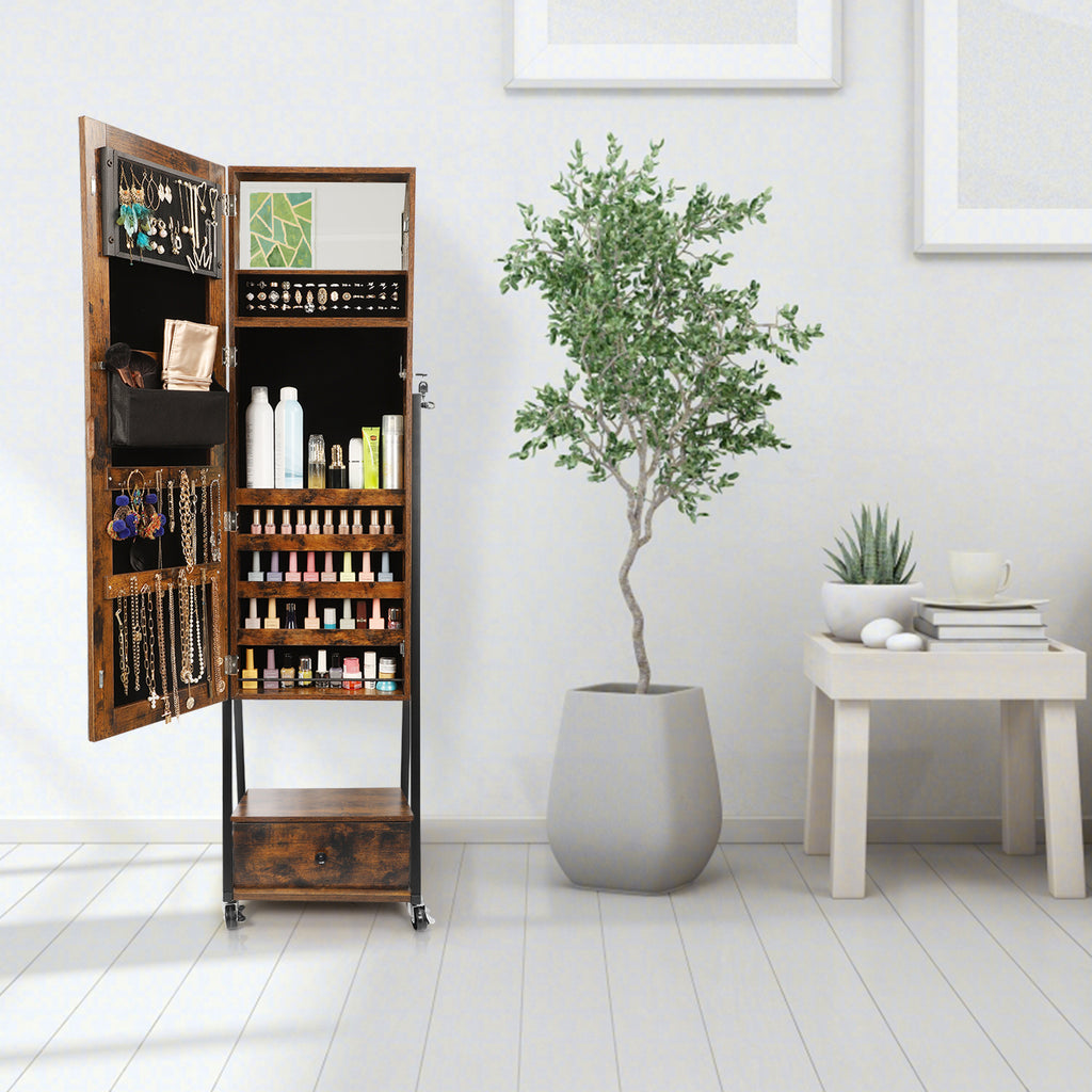 Floor Standing Jewelry Cabinet Armoire - Large Capacity Storage with Interior Mirror and Drawer