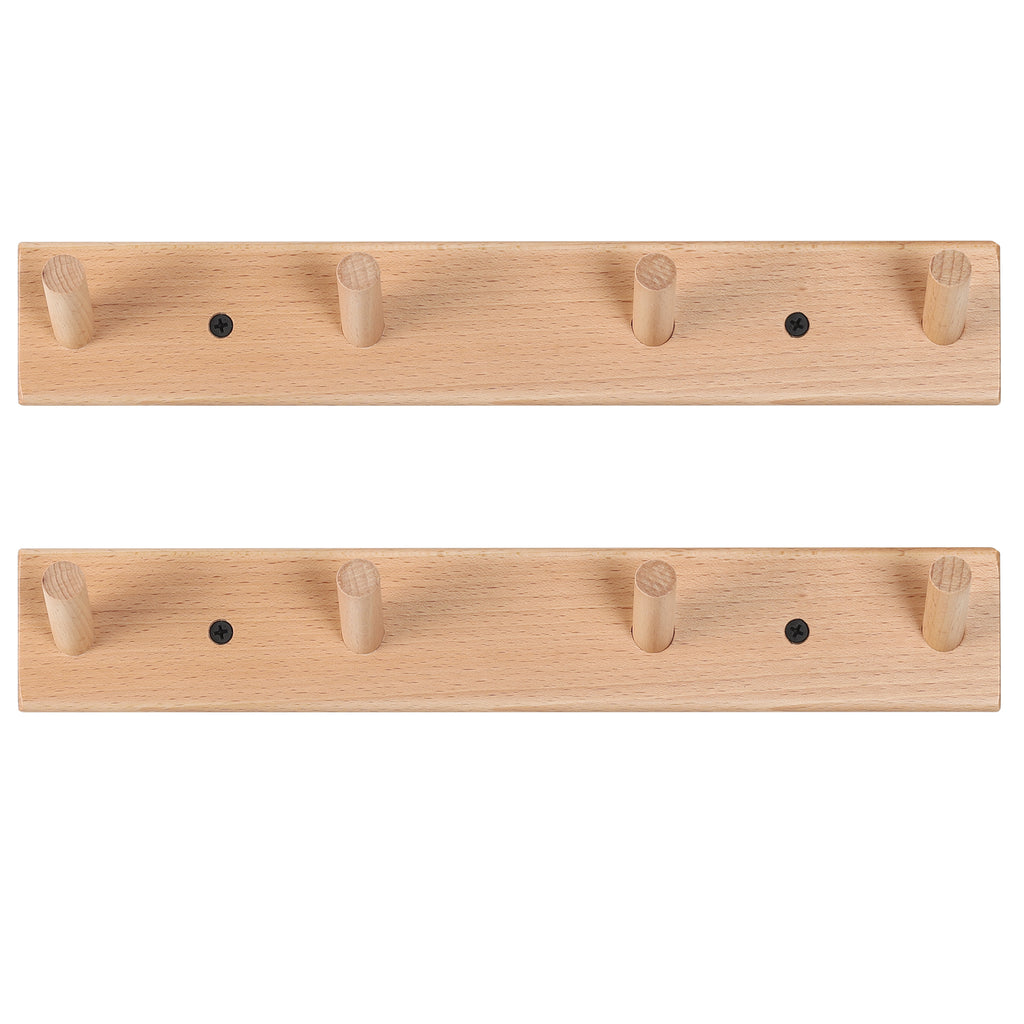 Rustic Solid Beech Wood Peg Coat Hooks 2 Pack, Wall Mount 4-Peg Hanging Rack with Adhesive Glue & Hardware Screws, Minimalist Farmhouse Wall Hanger for Coats, Backpacks, Umbrellas, Towels, Entryway Decor