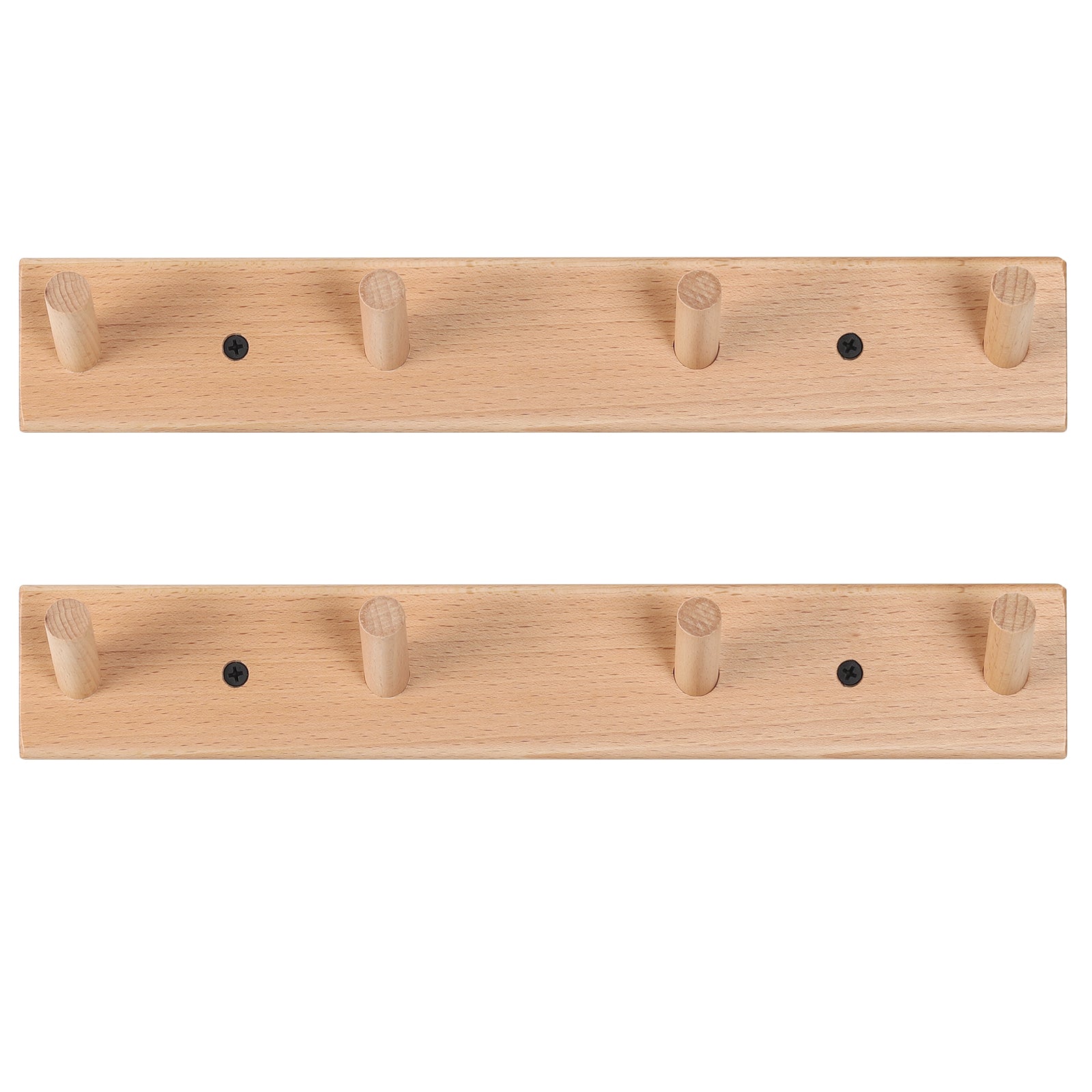 Rustic Solid Beech Wood Peg Coat Hooks 2 Pack, Wall Mount 4-Peg Hanging Rack with Adhesive Glue & Hardware Screws, Minimalist Farmhouse Wall Hanger for Coats, Backpacks, Umbrellas, Towels, Entryway Decor