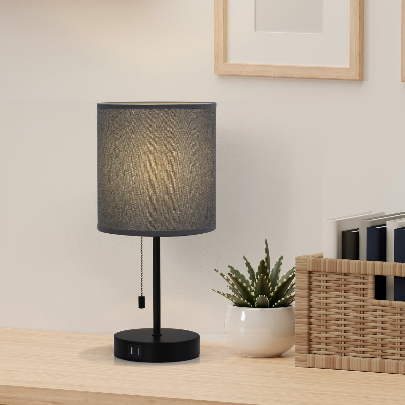 White Fabric Shade Nightstand Lamp with Dual USB Fast Charging Ports, Versatile Metal Desk Lighting for Bedroom, Office, and Living Areas