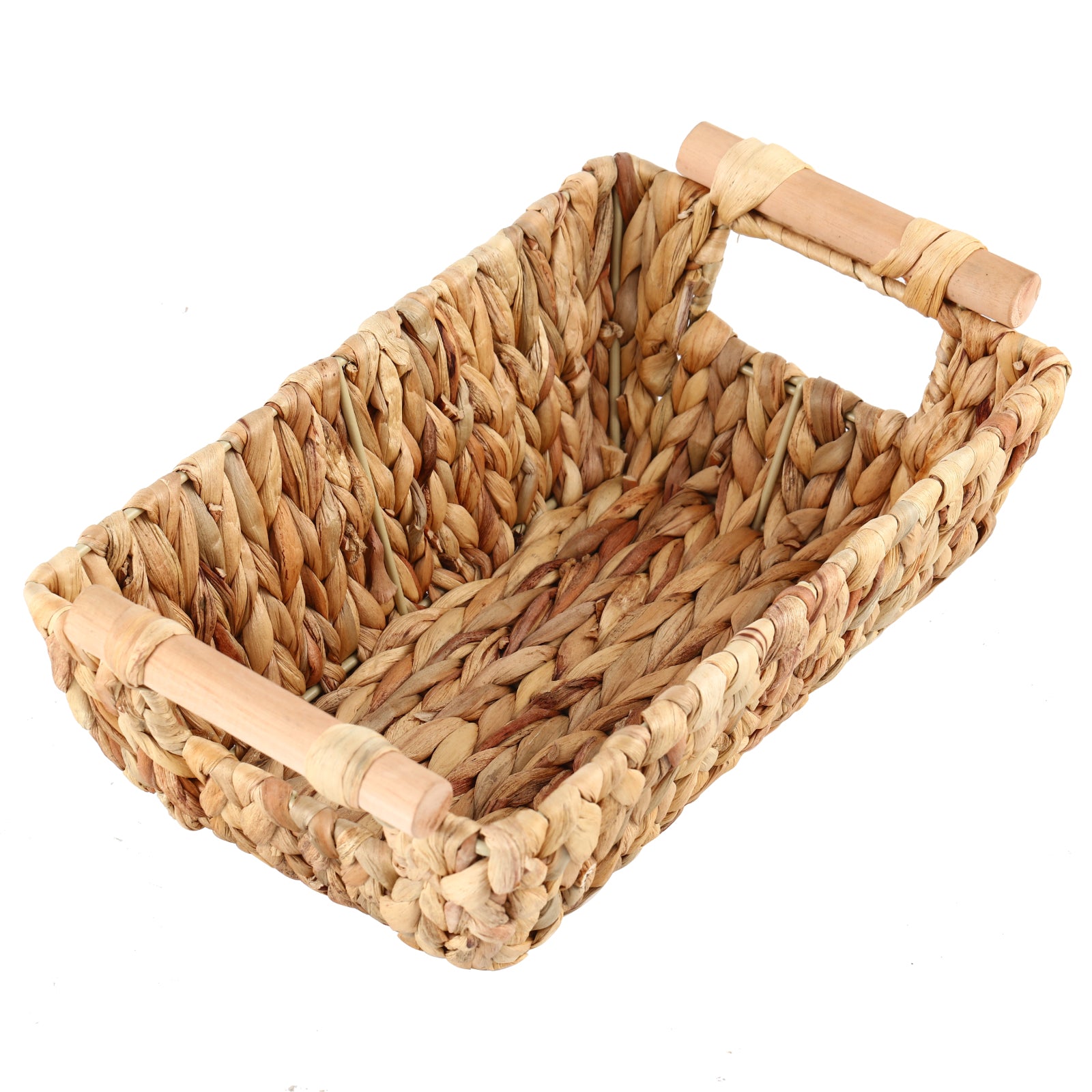 Handwoven Bathroom Storage Baskets with Wood Handles, Natural Water Hyacinth Organizer for Shelves, Closet, and Bedroom,