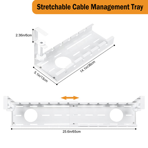 2 Pack Extendable Under Desk Cable Management Tray - No Drill Cord Organizer with Clamps