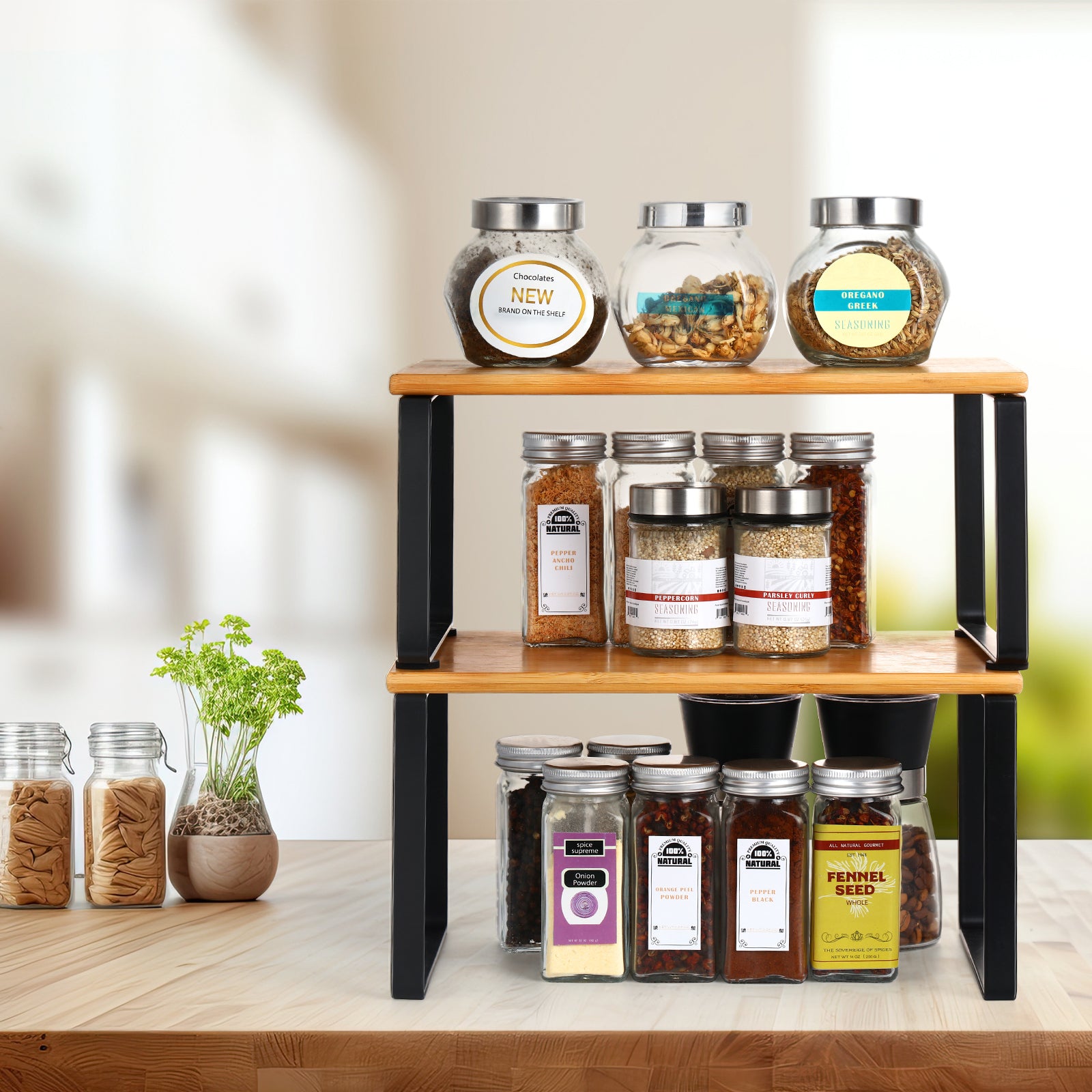 2-Pack Expandable Cabinet Shelf Organizers - Stackable Kitchen Counter & Pantry Shelves, Black Metal
