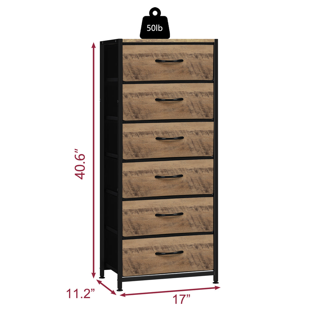 6-Drawer Rustic Brown Dresser - Fabric Chest of Drawers with Wood Top for Bedroom