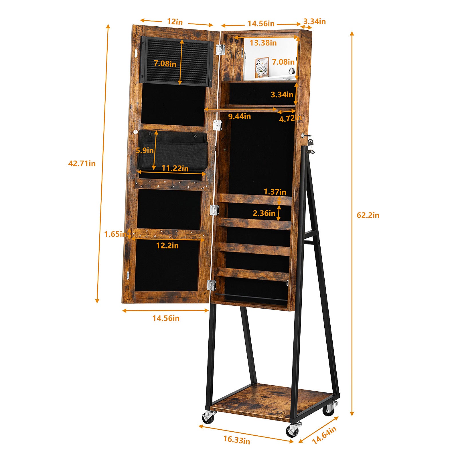 Full-Length Mirror Jewelry Cabinet Armoire - Standing Jewelry Organizer with Wood Grain Finish