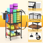 Home Gym Storage Rack - 3-Tier Wooden Dumbbell Rack, Yoga Mat Holder w/ Wheels & Hooks, Black