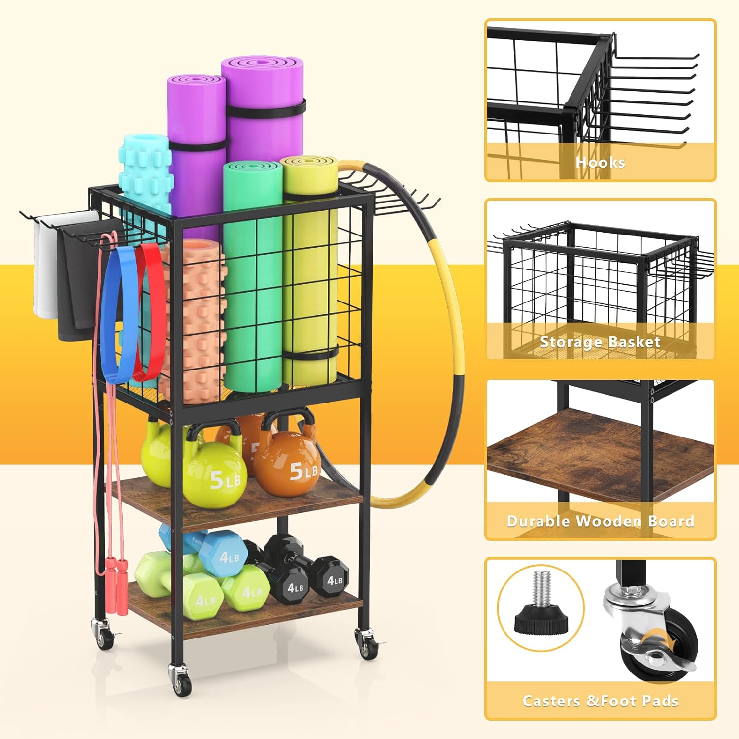 Home Gym Storage Rack - 3-Tier Wooden Dumbbell Rack, Yoga Mat Holder w/ Wheels & Hooks, Black
