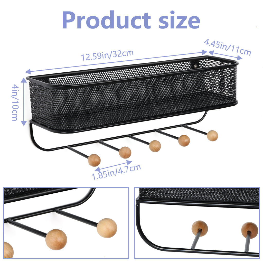 Decorative Wall Mail & Key Rack - 2 Pack Metal Basket Organizer with 5 Hooks for Entryway