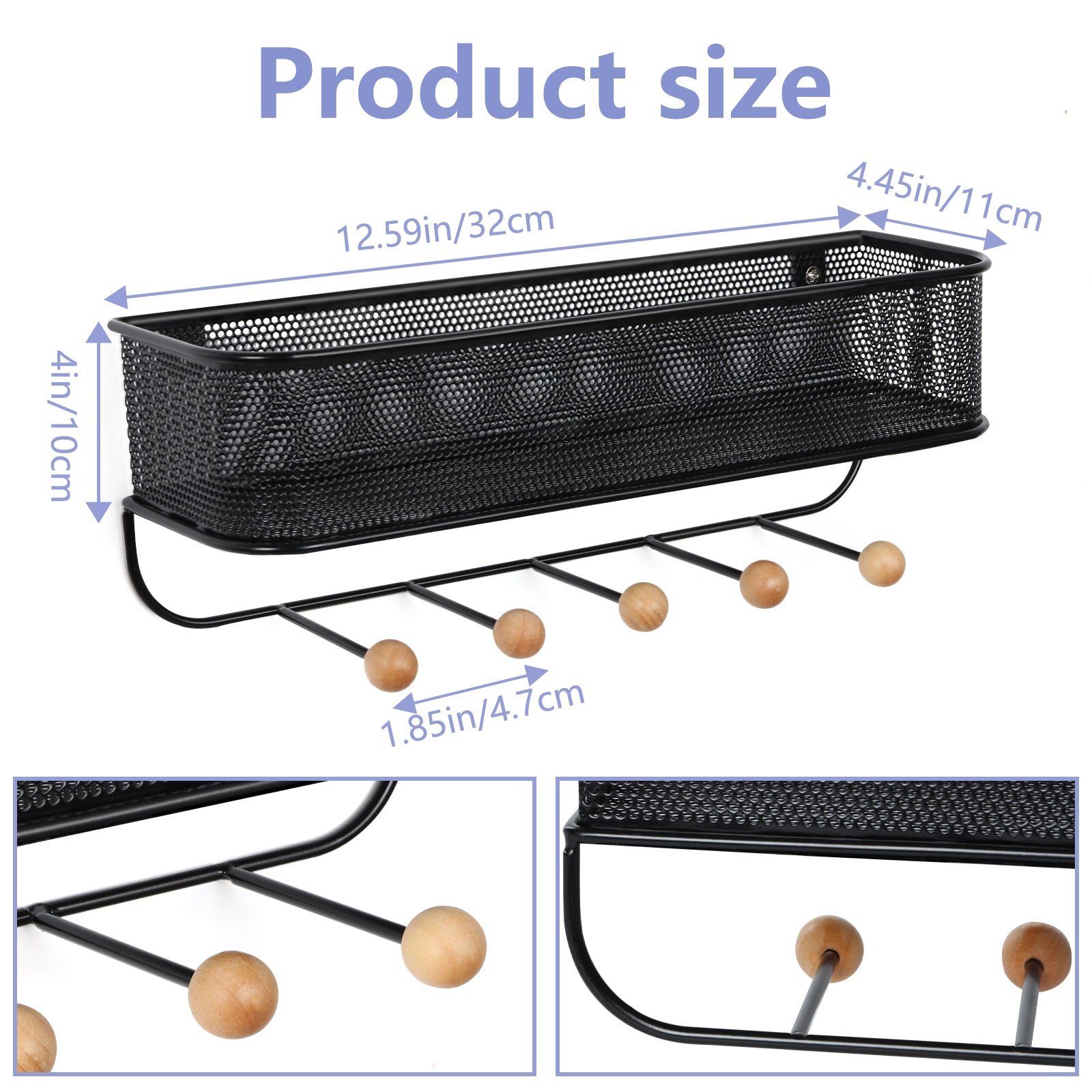 Decorative Wall Mail & Key Rack - 2 Pack Metal Basket Organizer with 5 Hooks for Entryway