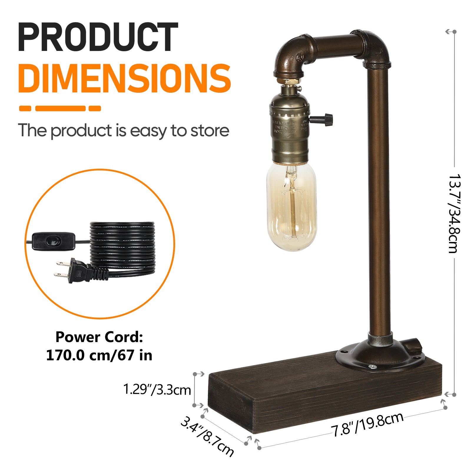 Industrial Arched Pipe Table Lamp Set with Wood Base (Set of 2)，Retro Steampunk Edison Desk Lights.
