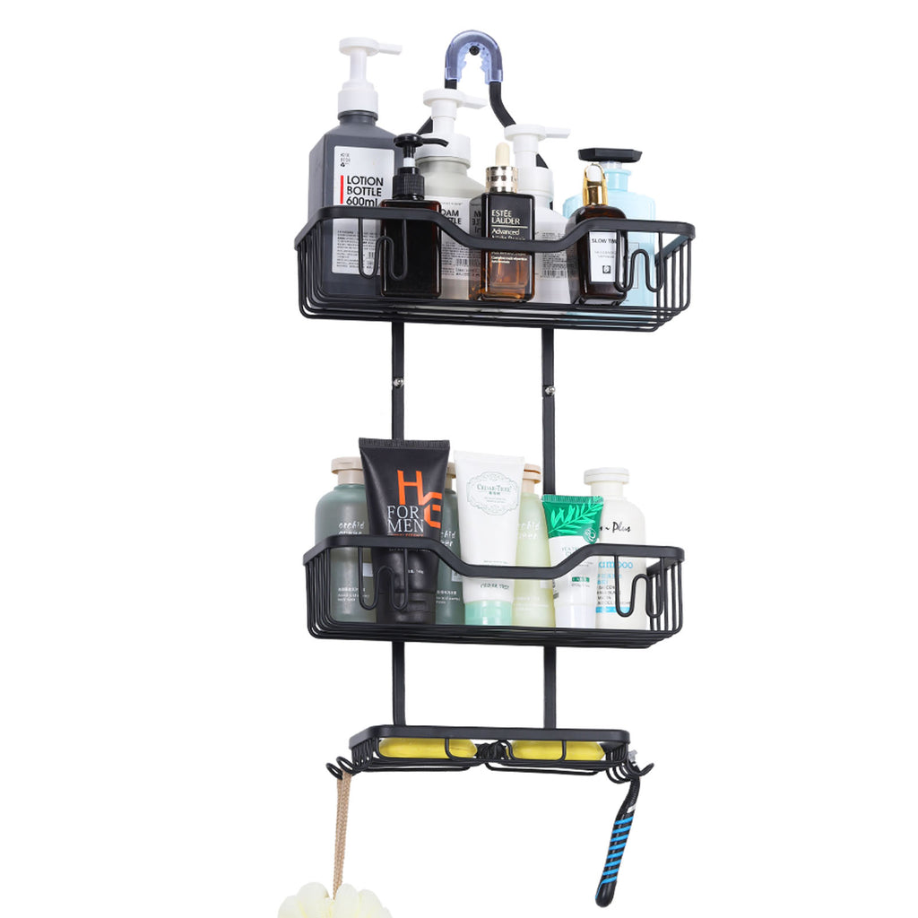 With 4 hooks, shower organizer rack, bathroom hanging shower box, rust resistant and waterproof shower storage rack for shampoo, conditioner, soap, bath sponge, black