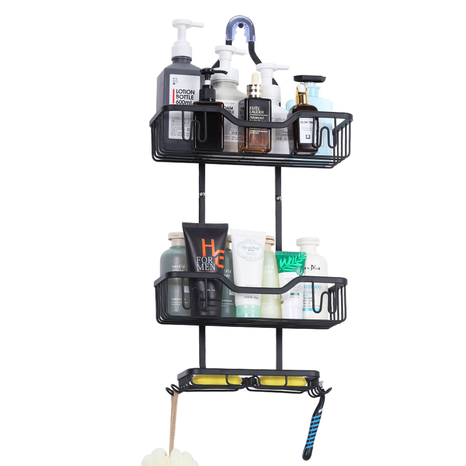 With 4 hooks, shower organizer rack, bathroom hanging shower box, rust resistant and waterproof shower storage rack for shampoo, conditioner, soap, bath sponge, black