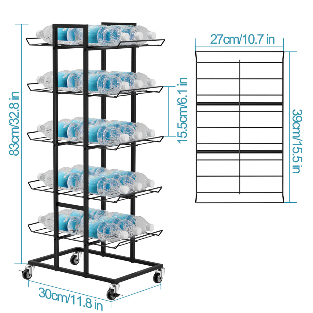 5 Tier Rolling Water Bottle Organizer Stand with Lockable Casters, Black Metal Beverage Bottle Storage Rack, Freestanding Water Bottle Holder for Kitchen Pantry Cabinet Garage