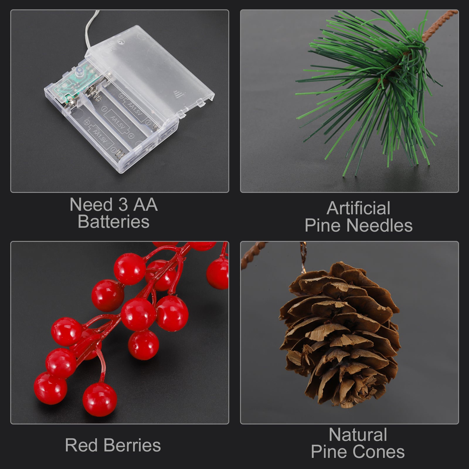Battery Operated Pine Cone Christmas Lights - LED Garland w/ Red Berries & Pine Branches
