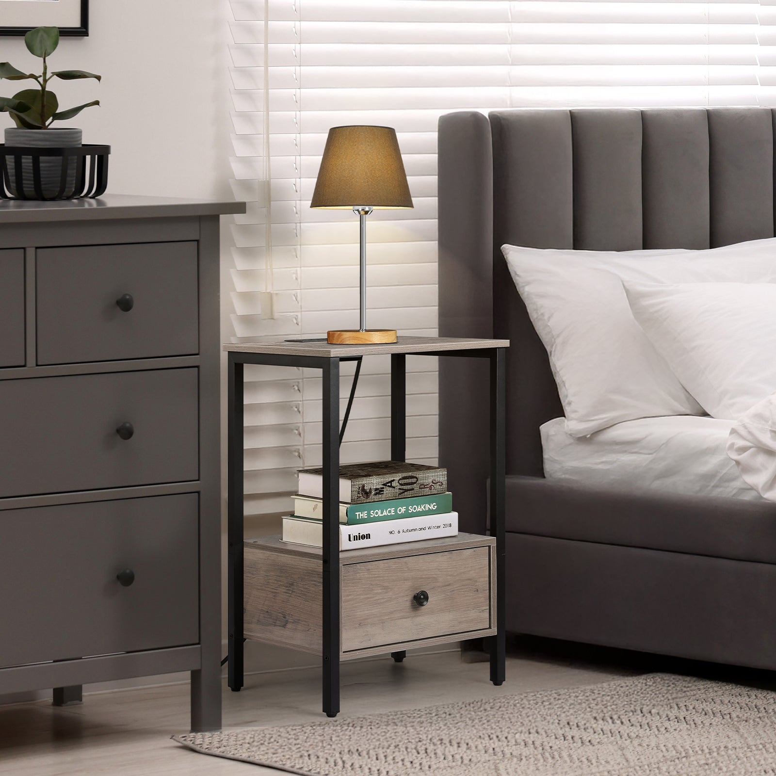 Set of 2 Nightstands with Charging Station & Fabric Drawers, 24" H Gray Bedside Tables for Apartment & Small Bedroom,