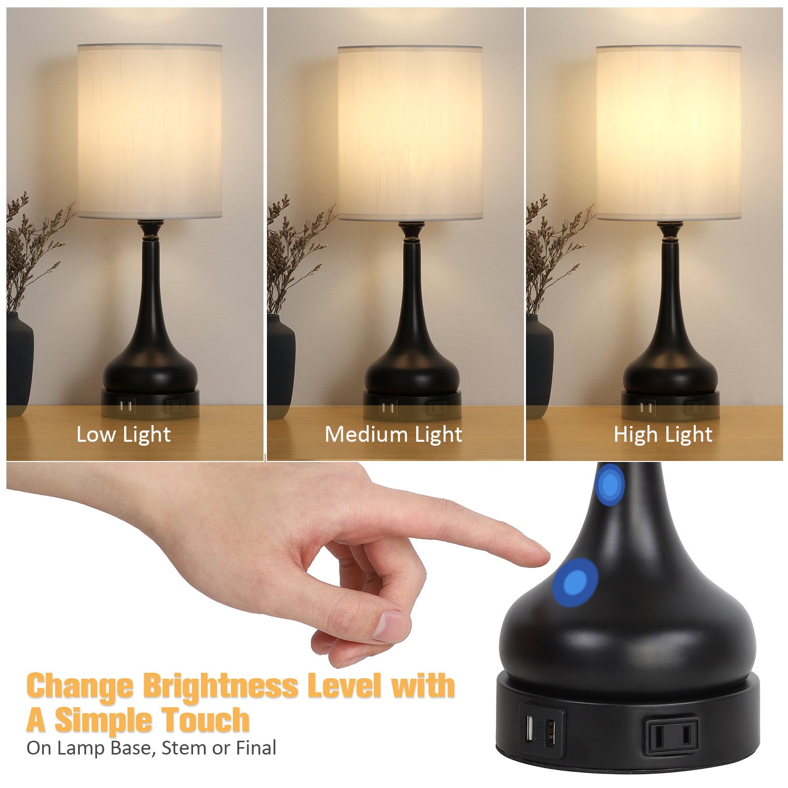 Set of 2 3-Way Dimmable Touch Control Bedside Lamps with Dual USB Ports, AC Outlet, and LED Bulbs for Home Decor