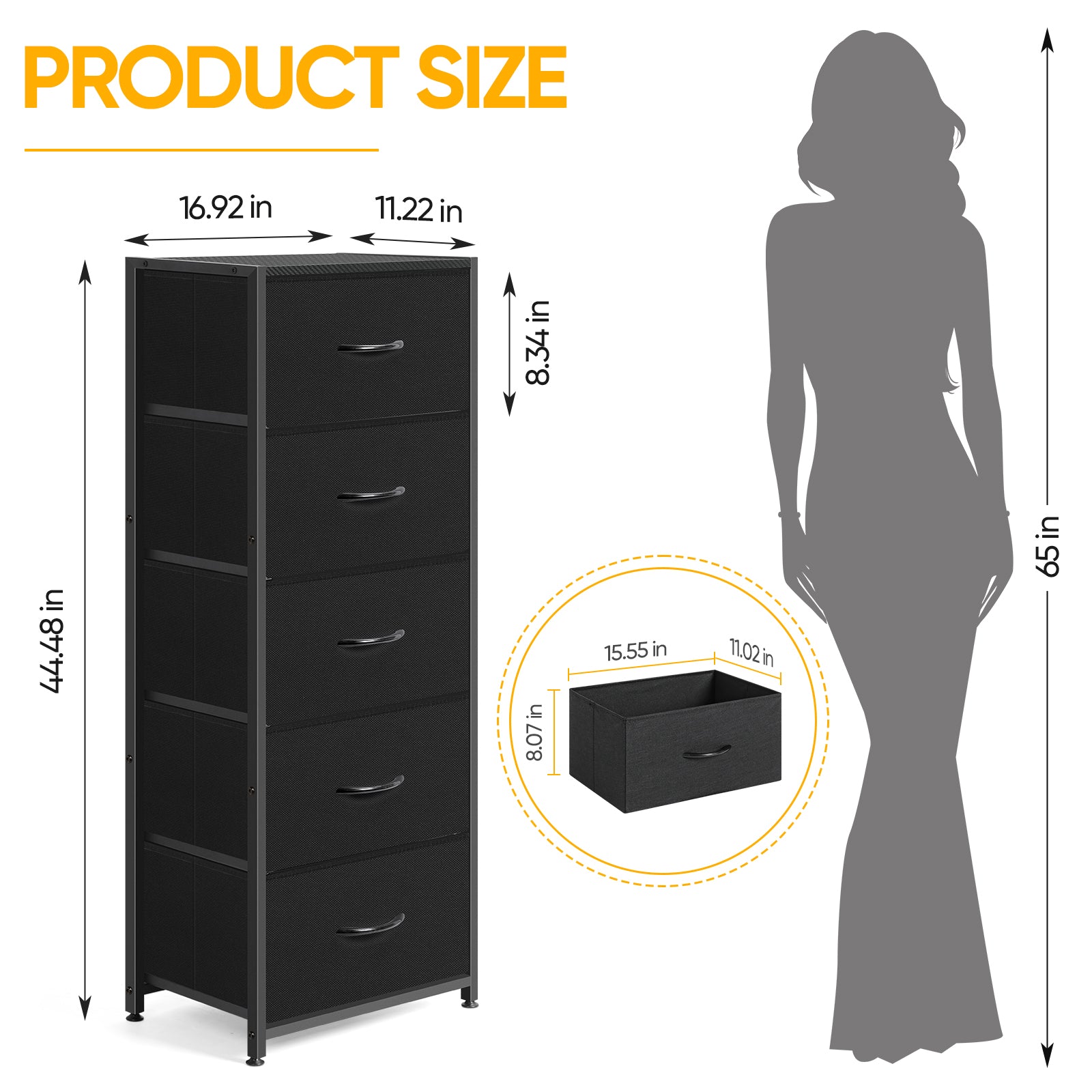 5-drawer bedroom storage cabinet with high fabric storage drawers, a tower-style storage rack with wooden top, suitable for wardrobes, living rooms, corridors, entrances, metal frame, black