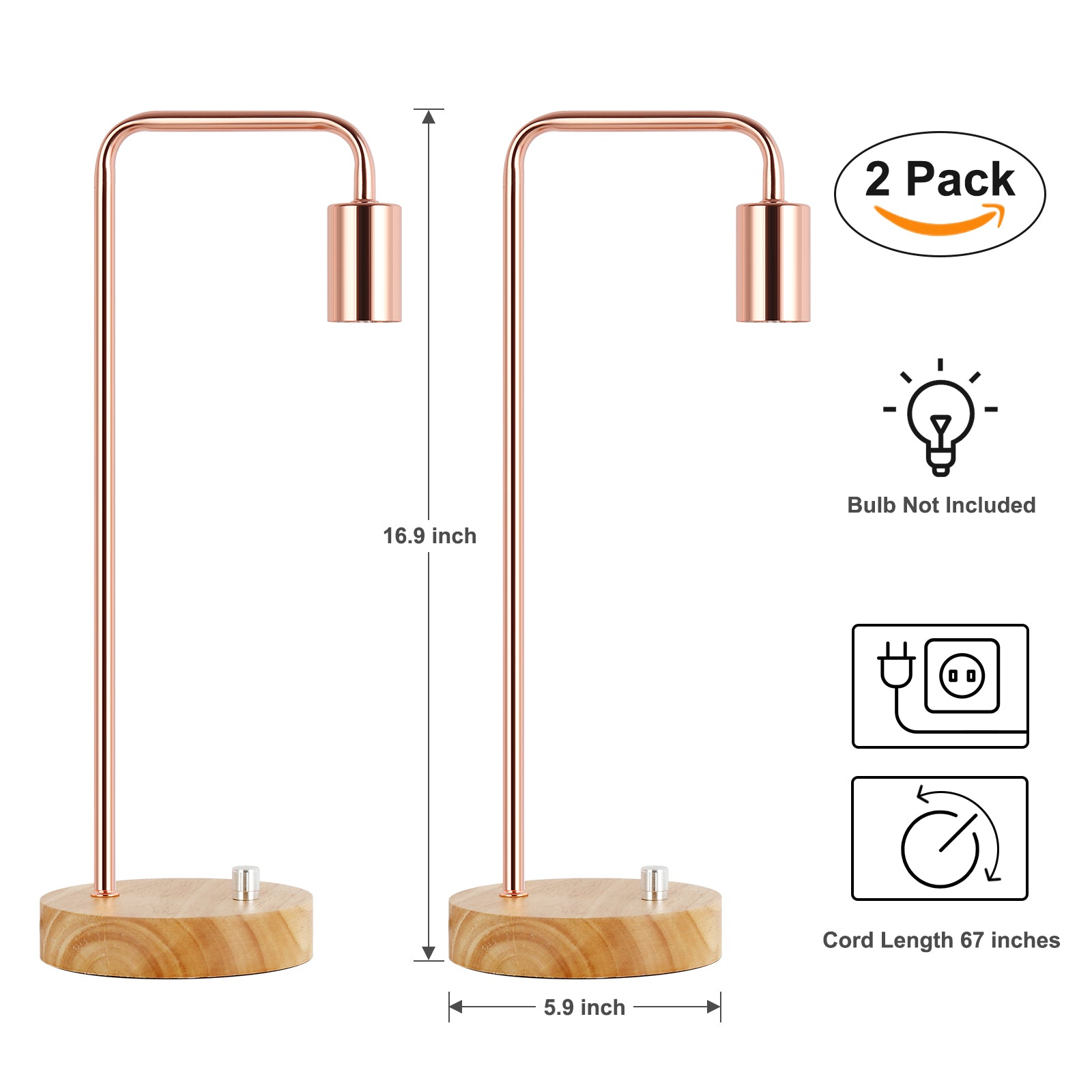 Minimalist Industrial Bedside Table Lamps 2 Pack, Rose Gold Curved Arch Metal Desk Lamp, Solid Wood Base Dimmable Knob Control Night Light, Vintage Edison Lamp Holder for Bedroom Nightstand, Reading Desk, Apartment Decor
