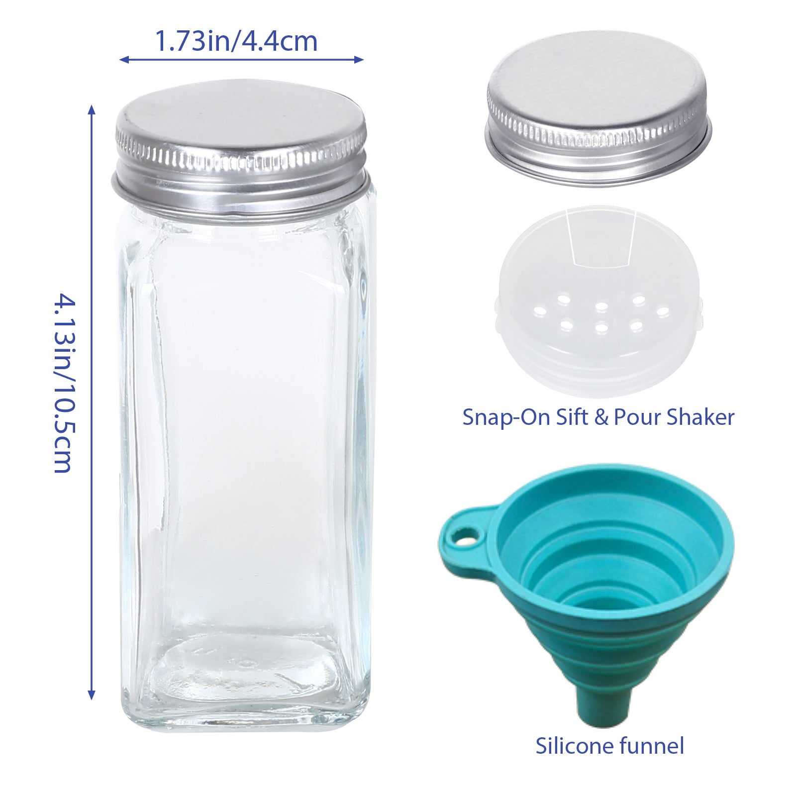 24-Pack Glass Spice Jars Set with Labels & Funnel - Square Condiment Pots with Silver Airtight Lids