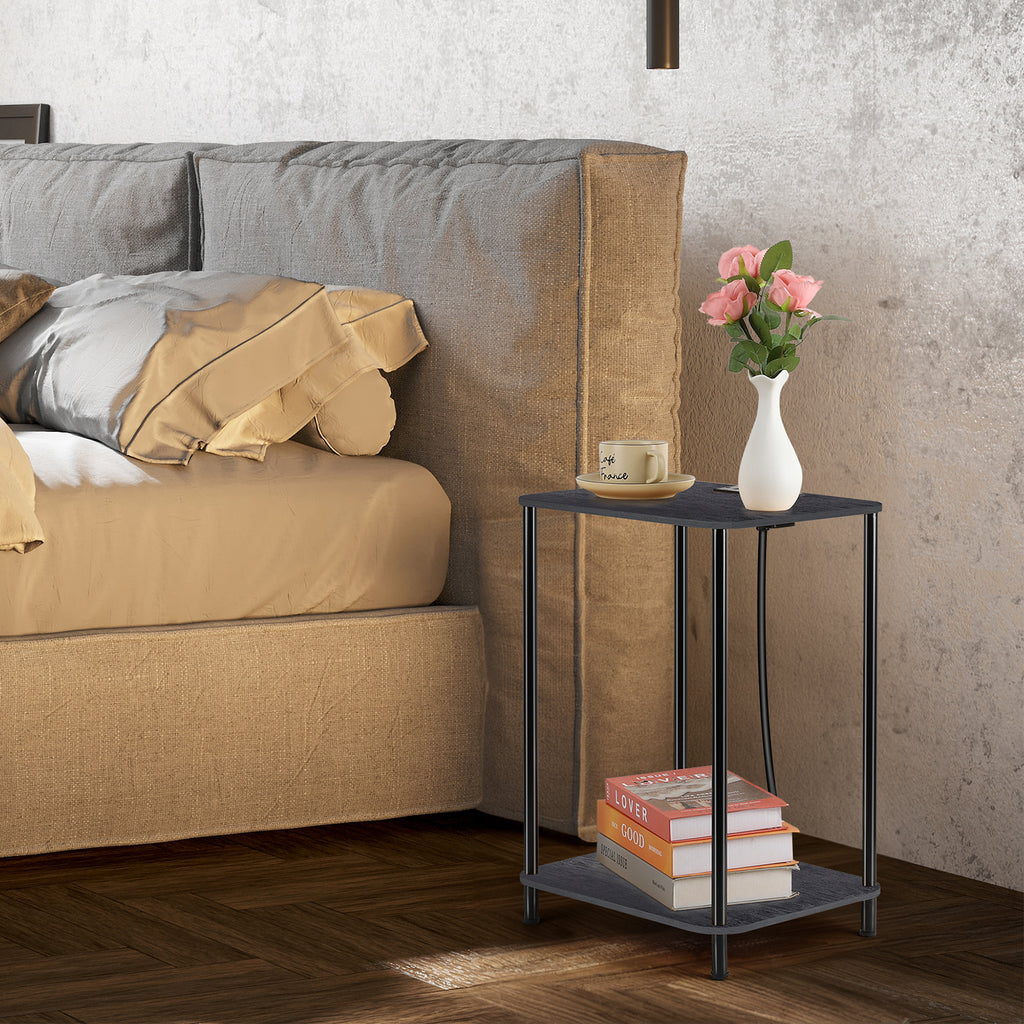 Set of 2 Black End Tables with Charging Station - 2-Tier Nightstands with USB & Outlets