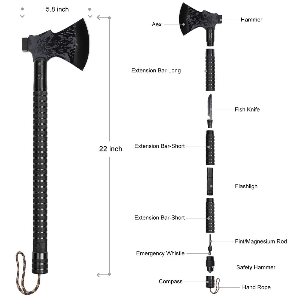 22-Inch Survival Axe Multitool, Folding Tactical Hatchet with Hammer, Flashlight, Compass and Flint for Camping and Hunting,