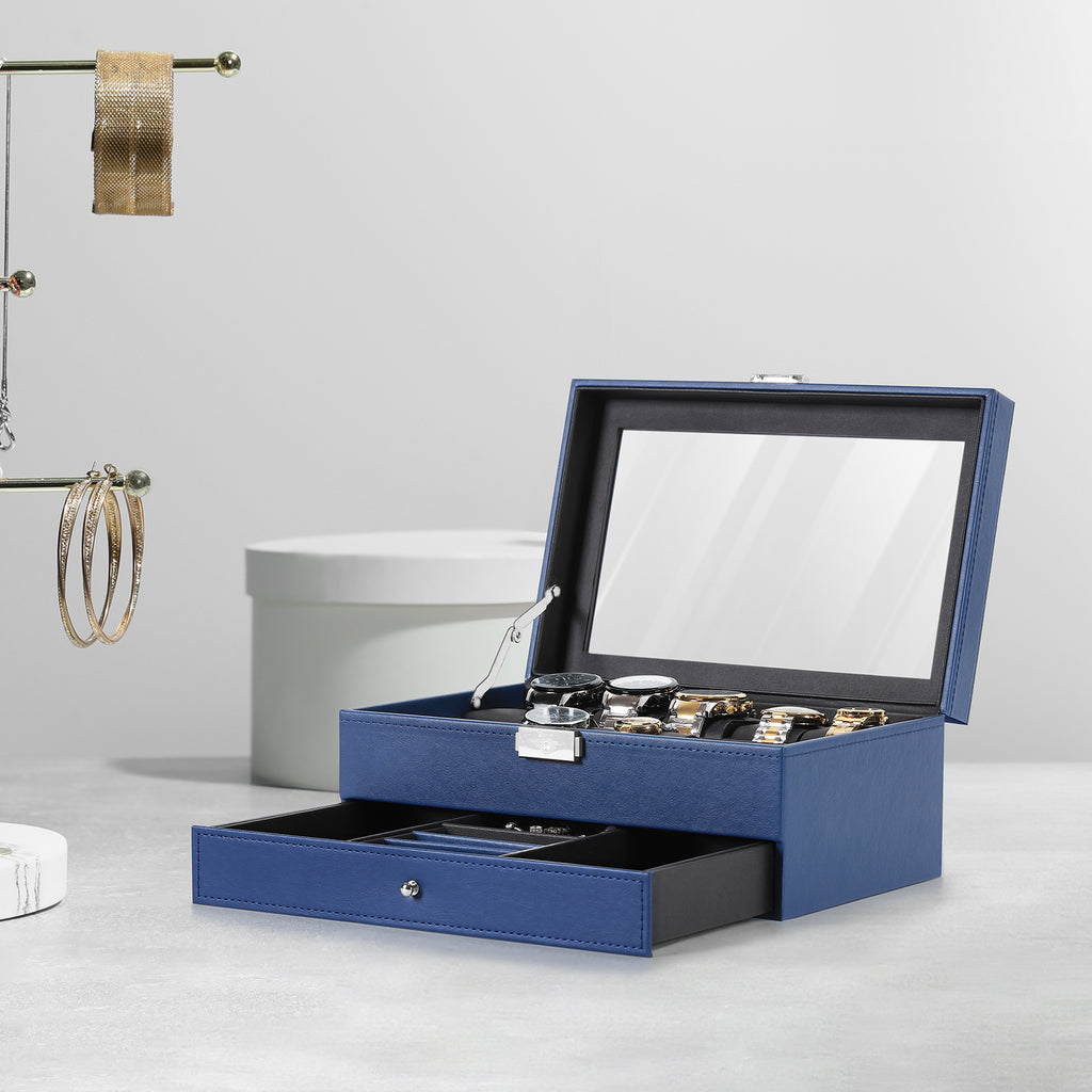 12-Slot PU Leather Watch Box with Jewelry Drawer, Blue Organizer for Storage & Display