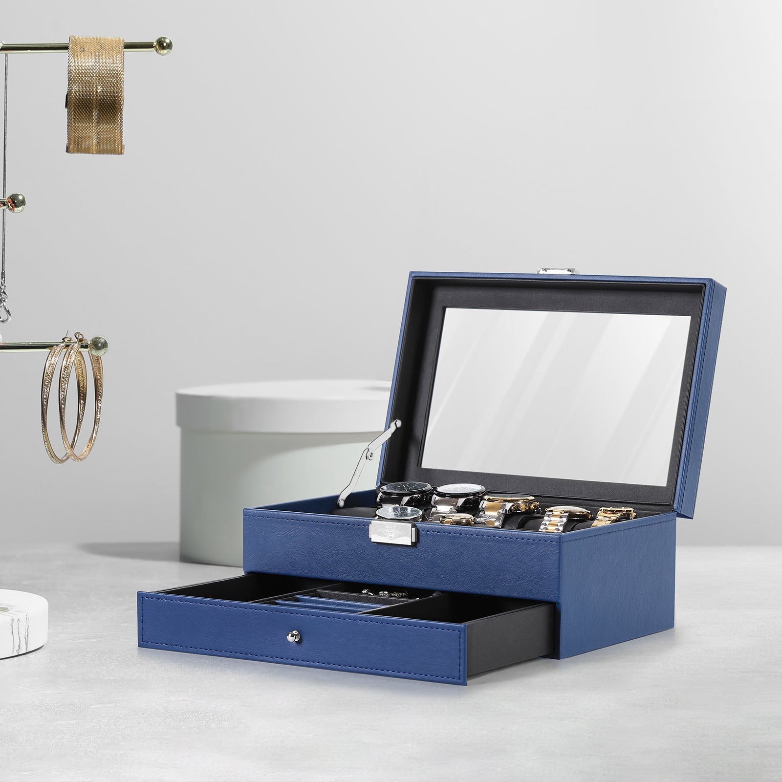 12-Slot PU Leather Watch Box with Jewelry Drawer, Blue Organizer for Storage & Display