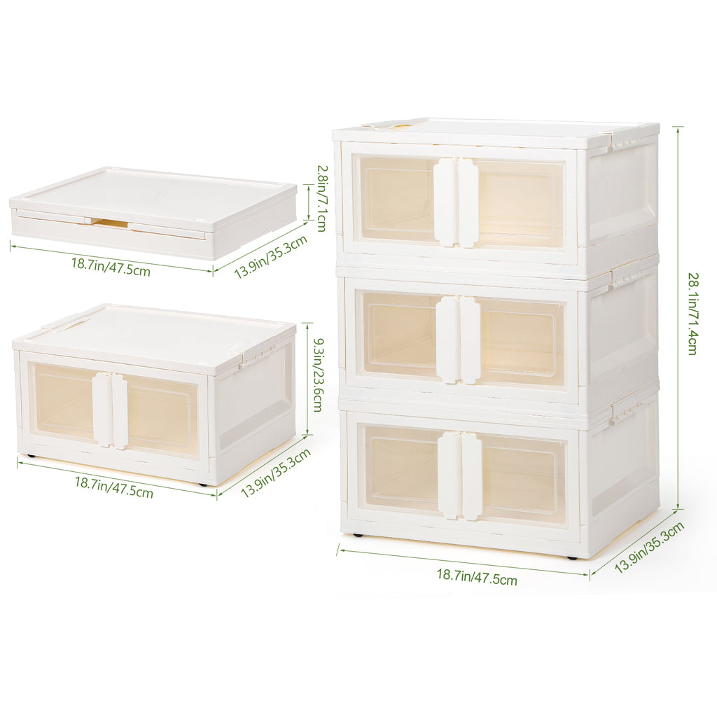 3 Pack Foldable Storage Bins with Lids & Wheels, Stackable Plastic Storage Boxes with Clear Doors, Collapsible Organizer Containers for Bedroom, Closet, Toys, Clothes, White